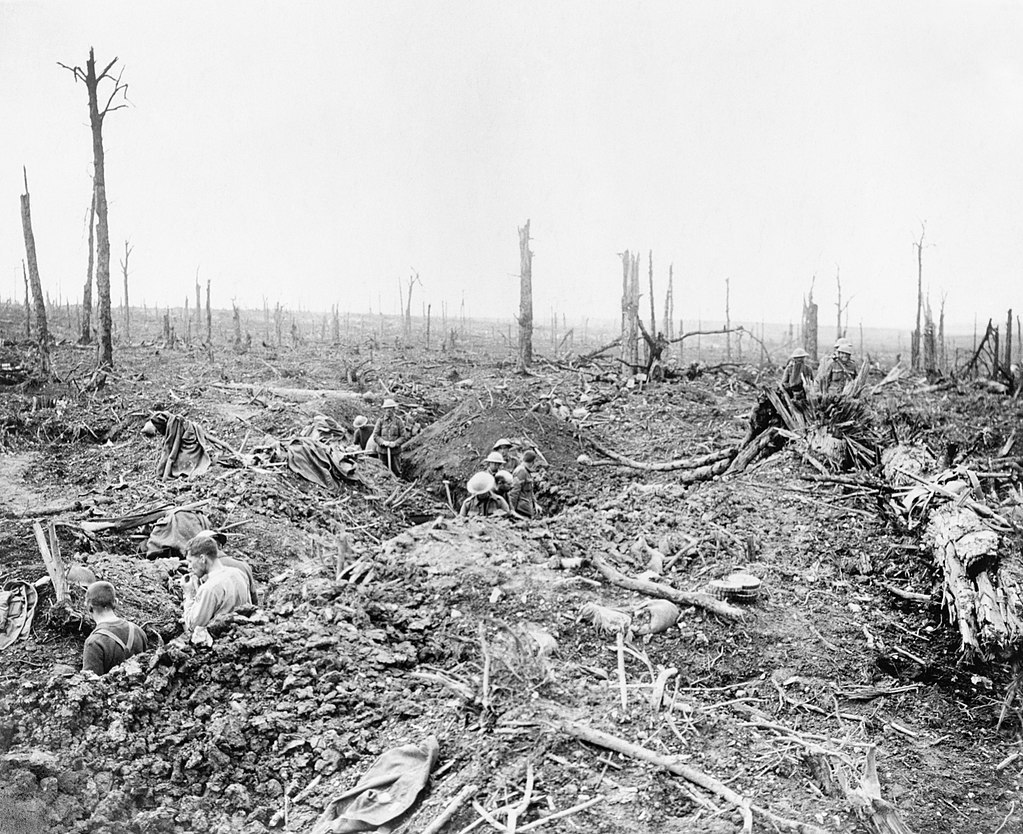 Somme Devastated scene of a Somme battlefield, with dead trees and devastation, similar to the previous photo