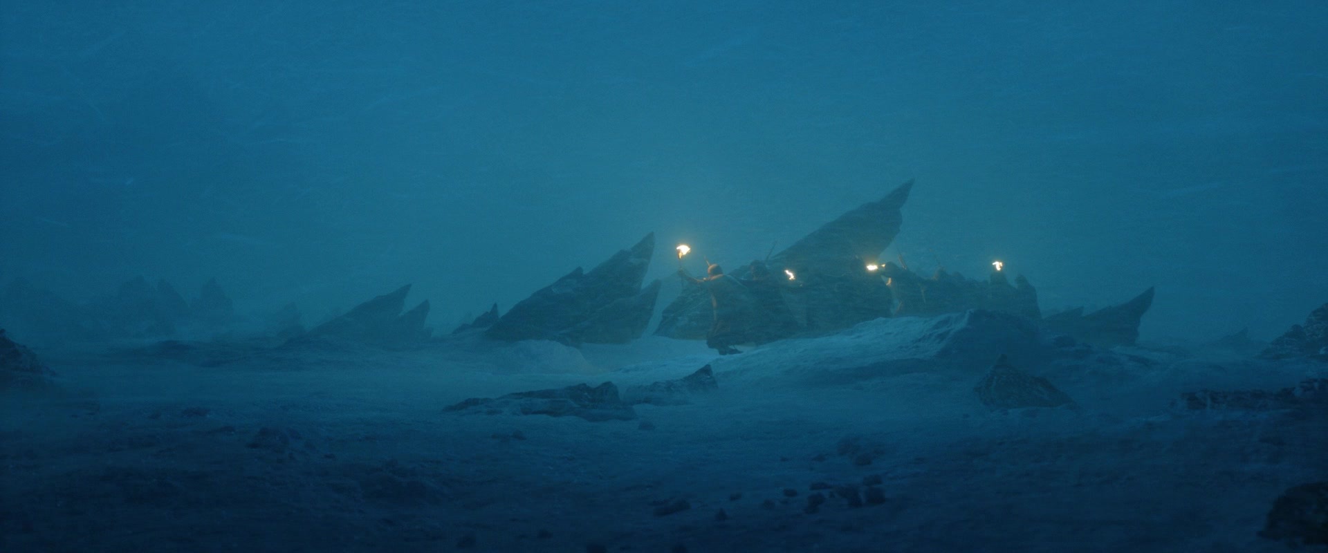 Galadriel snow a group of elves walking in driving snow